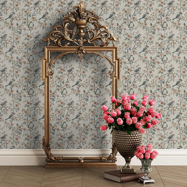 Fototapet Fugle på grene med blomster i retro akvarel-stil, Tapeter til børneværelset, Tapet til pigeværelser, a00197 : Uwalls.dk