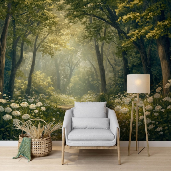 Fototapet Sti i den grønne skov, hvide blomster, sollys, tegning i akrylstil, Fototapeter Natur, w04119 : Uwalls.dk