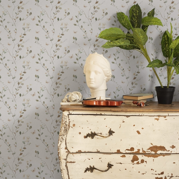 Fototapet Tynde grene med blomster og sommerfugle på hvid baggrund, Blomsterbaggrunde, a00342 : Uwalls.dk