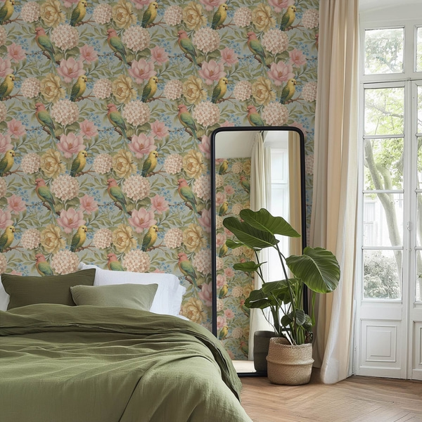 Fototapet Papegøjer blandt pæoner, hortensiaer og magnolier, Blomsterbaggrunde, a00747 : Uwalls.dk