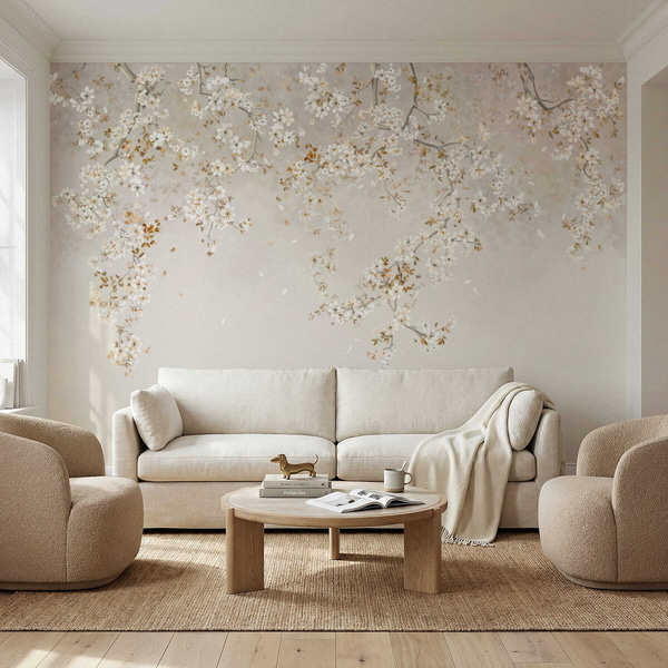 Fototapet Grene med hvide blomster på en blød beige baggrund, Fototapeter Skov, Fototapeter med træer, w05129 : Uwalls.dk