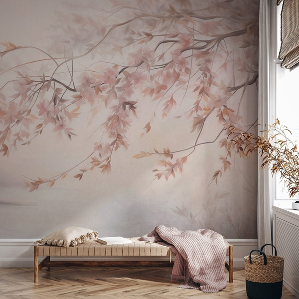 Fototapet Tekstureret landskab med kirsebærblomstgren, lyserøde blade, blød, tåget baggrund, Fototapeter Blomster, w09743 : Uwalls.dk