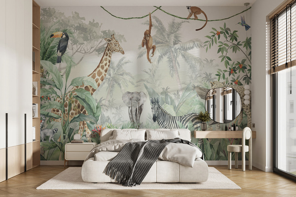 Fototapet Panorama af jungle med dyr, Fototapeter til børn, u74709 : Uwalls.dk